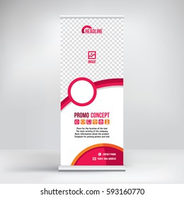Banner roll-up vector, red graphic template for the exhibition stand, for the conference, accommodation advertising information and photos. Background vector