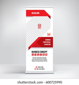
Banner roll-up vector, red graphic template for the exhibition stand, for the conference, accommodation advertising information and photos. Business concept, vector background