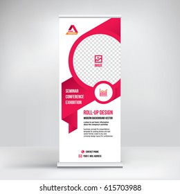 Banner roll-up vector, red graphic template for the exhibition stand, for the conference, accommodation advertising information and photos. Business concept, vector background