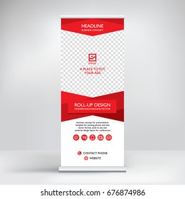 Banner roll-up vector, red graphic template for the exhibition stand, for the conference, accommodation advertising information and photos. Business concept, vector background