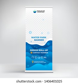 Banner roll-up for water Park, creative concept for presentations and advertising, template for posting photos and text. Modern blue background with sea waves