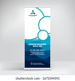 Banner roll-up for water Park, creative concept for presentations and advertising, template for posting photos and text. Modern blue background with sea waves