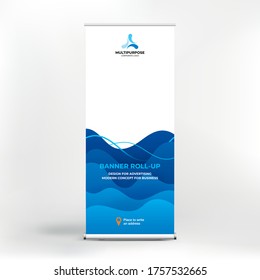 
Banner roll-up for water Park, creative concept for presentations and advertising, template for posting photos and text. Modern blue background with sea waves