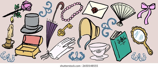 Banner with romantic elements. Victorian style. Hand draw doodle. Vector, isolated. Ink texture.