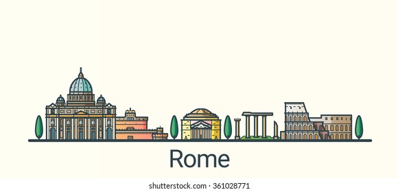 Banner of Rome city in flat line trendy style. All buildings separated and customizable. Line art.