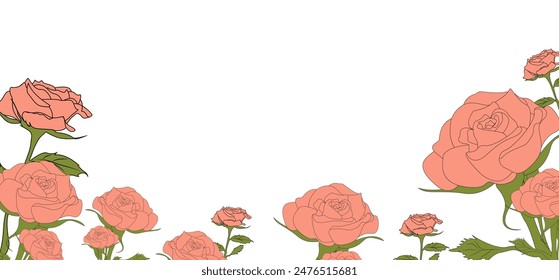 Banner with rose print. Roses in flat style. Place for text. Frame.