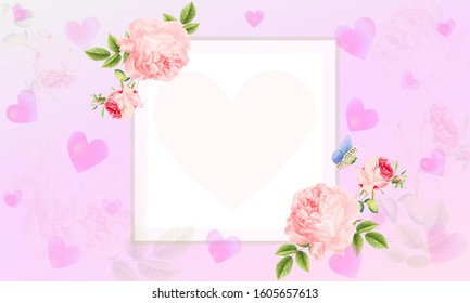 Banner with roses and hearts. Valentine's day greeting card. Wedding card