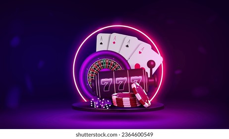 A banner with a roulette for a casino, realistic cards, a slot machine, dice and chips on a podium with a neon frame in blue and purple.