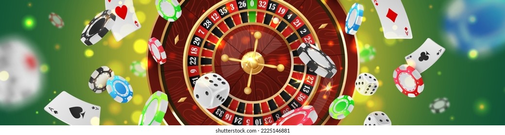 Banner with Сasino roulette with colored poker chips, tokens, playing cards, dices, around, on green background with golden lights, glare, sparkles. ector illustration for game design, advertising.