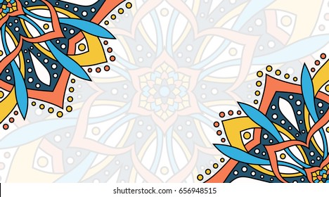 Banner with round abstract ornament. Circle elements card. Vintage decorative pattern. Hand drawn. East motif. Vector illustration.