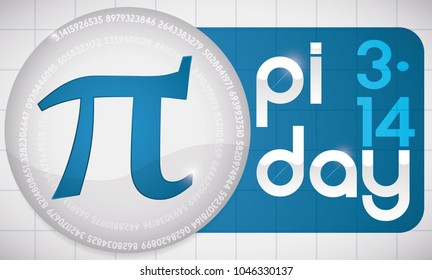 Banner with round button with a part of pi value in spiral and Greek symbol inside of it over a blue label and square pattern background for Pi Day celebration.