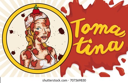 Banner with round button and young blond woman covered with tomatoes and a tomato splatter for Tomatina Festival.
