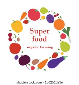 Banner. Round composition with colorful vegetables and fruit  for farmers market  or menu design. Healthy food concept. Flat style, vector illustration.