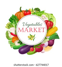 Banner round composition with colorful vegetables for farmers market menu design. Healthy food concept. Vector illustration.