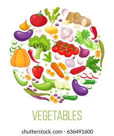 Banner round composition with colorful vegetables for farmers market menu design. Healthy food concept. Cartoon style vector illustration.
