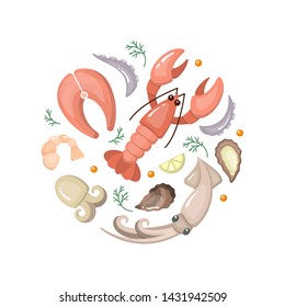 Banner round concept with flat style seafood elements. Suitable for advertising or cafe menu decoration
