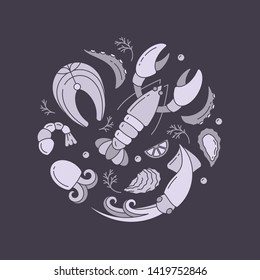 Banner round concept with seafood elements in flat style. Suitable for advertising or cafe menu decoration