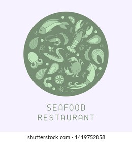 Banner round concept with seafood elements in flat style