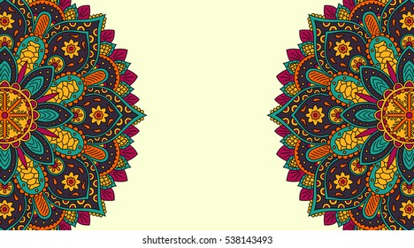 Banner with round floral abstract ornament. Circle elements card. Vintage decorative pattern. Hand drawn. Vector illustration.