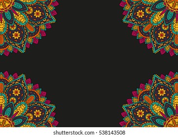 Banner with round floral abstract ornament. Circle elements card. Vintage decorative pattern. Hand drawn. Vector illustration.