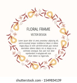 Banner with round floral frame vector template. Wedding invitation botanical design with abstract leaves. Decorative circle shaped border with foliage hand drawn illustration with text space