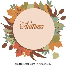 banner with a round geometric frame, autumn theme. add your text and announce your important information. In the background, the leaves and branches of various forest trees