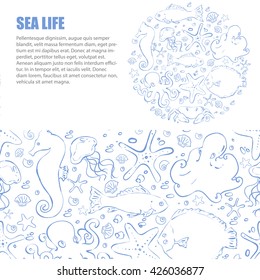 Banner with round illustration and place for text on front side and seamless pattern on back side. Vector hand drawn sea creatures. Seahorse, jellyfish, fish, octopus, starfish, shells, flounder, crab