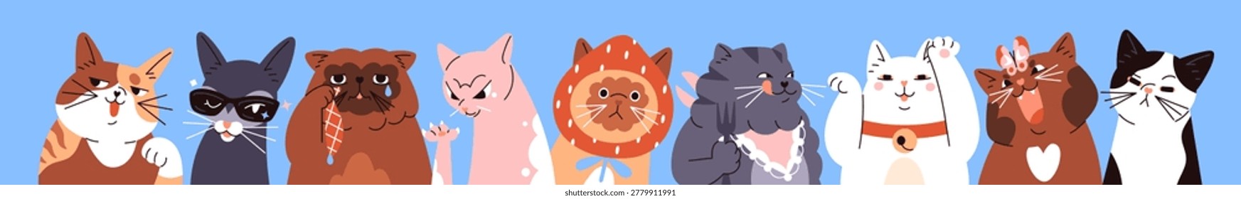 Banner with row of cute cats with different emotions. Group of funny kitties with happy, sad and angry faces. Comic kittens portraits. Naughty domestic animals. Flat isolated vector illustration
