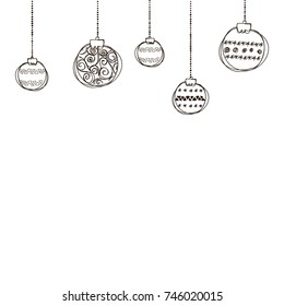 Banner with row of hanging Christmas Baubles isolated on a white background. Outline vector illustration of border with hand drawn ball. Good for party posters, cards, website headers