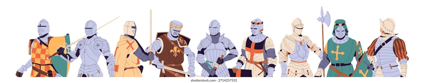 Banner with row of medieval knights. Group of ancient warriors with armor, swords, shields. Squad of crusaders with weapons standing together. Flat isolated vector illustration on white background