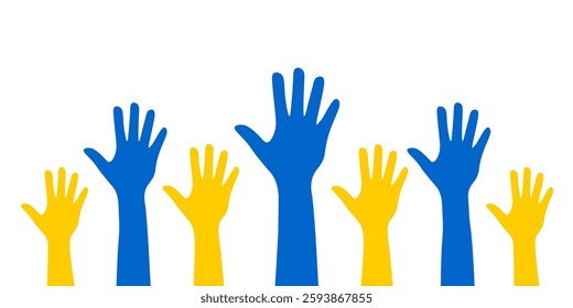 Banner with a row of raised blue and yellow hands isolated on a transparent background. Support Ukraine. Concept of voting or elections. Vector illustration