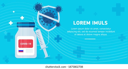 Banner of the Russian sign covid - 19 vaccine with a syringe. Concept of protection against coronavirus. On a blue background. Vector templete