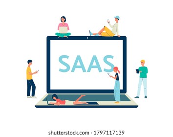 Banner for SaaS software service internet technology with people characters at backdrop of giant computer screen, flat vector illustration isolated on white background.