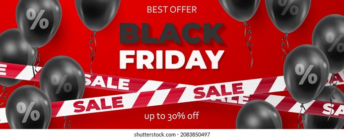 Banner for Sale, Black Friday with black balloons with percent, barricade tape and text, letters on red background. Vector Holiday illustration for web, design, arts, advertising.