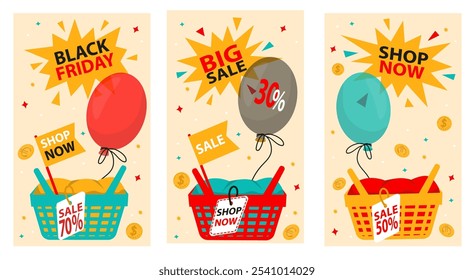 Venda de banner, Black Friday. Balões, sacolas de compras, cesta, etiquetas e etiquetas, dinheiro caindo, ilustração vetorial sobre fundo de luz