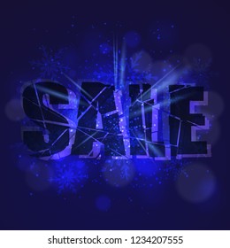 Banner for sale. Black lettering on indigo burst background with blue dust vector firework explosion with snowflakes and bokeh. Concept for holidays sale poster, design, decor. Vector illustration.