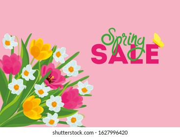 BANNER FOR SALE WITH A BOUQUET OF WHITE NARCISSUSES, PINK AND YELLOW TULIPS ON A PINK BACKGROUND WITH THE INSCRIPTION 'SPRING SALE'