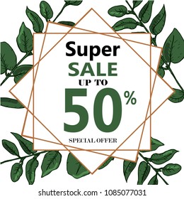 Banner for sale with flying green leaves and circle frame. Spring background. Natural eco concept. Business backdrop with season offer.