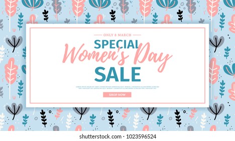 Banner for sale International  Happy Women's Day on flower background. Flyer for March 8 with the decor of floral. Invitations with square  and flower for offer and discount. Vector.