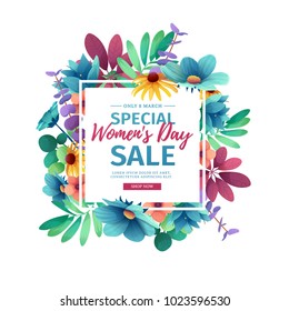 Banner for sale International  Happy Women's Day on flower background. Flyer for March 8 with the decor of floral. Invitations with square frame and flower for offer and discount. Vector.