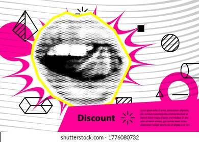Banner for sale. Modern trendy hipster pop art open mouth halftone with geometric yellow elements. 80s-90s line shape vintage style. Simple geometric figure vector graphic dot, line, circle.