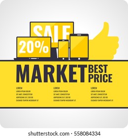 The banner sale of phones and computers. Vector illustration and template.