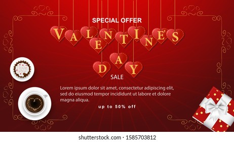 banner sale special offer up to fifty percent the inscription Valentines day is written in hearts that hang on strings cupcake coffee Cup frame on a red background vector EPS 10
