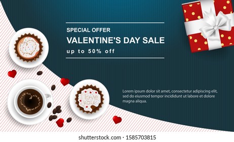 banner sale special offer up to fifty percent Happy Valentines Day with space for text decoration design two cupcakes and a Cup of coffee gift top view vector EPS 10