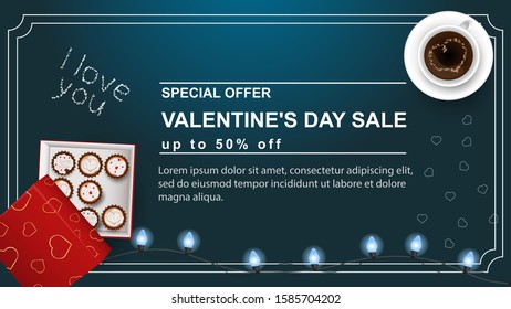 banner sale special offer up to fifty percent Happy Valentine's Day with space for text decoration design cupcake box and coffee Cup with heart top view blue background vector EPS 10