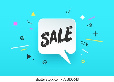 Banner Sale. Speech bubble, poster and sticker concept in memphis geometric style with text SALE Icon message for banner, poster, web. Text for Sale, Discount, business theme. Vector Illustration