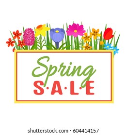 Banner sale with spring flowers. Flat vector illustration isolated on white background