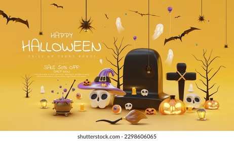 Banner sale template background and 3d realistic halloween elements and pumpkin decorations and ghost, skull, bat, spider, broom, hat. Vector illustration.