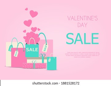 banner with a sale for Valentine's day. advertising with gifts, discounts and hearts. Flat vector illustration for sale, online store, delivery of goods for the holiday. Invitation flyer in pink, red