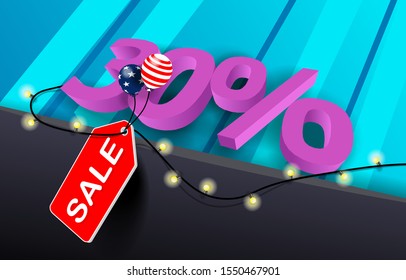 Banner for sale with volume figures 30 percent and garland. Vector